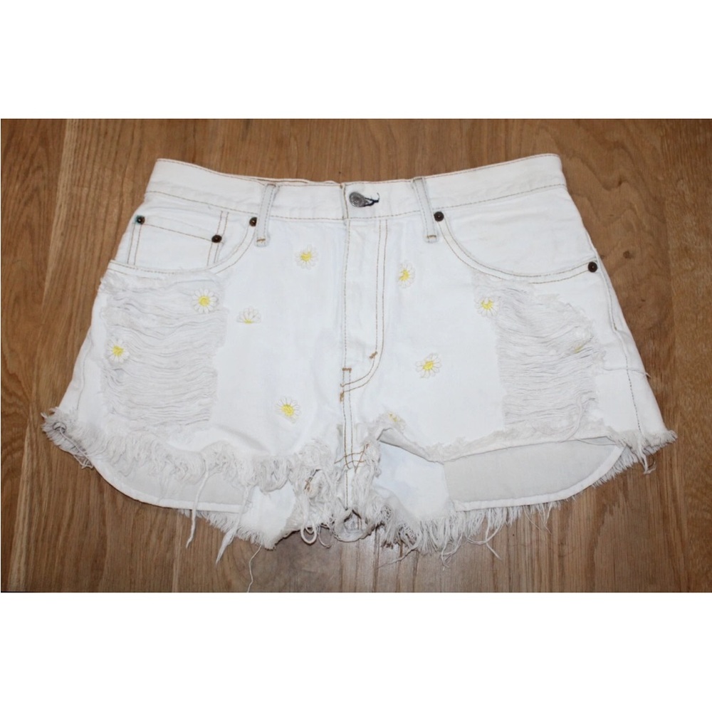 White Frayed Denim Shorts with Floral Embroidery